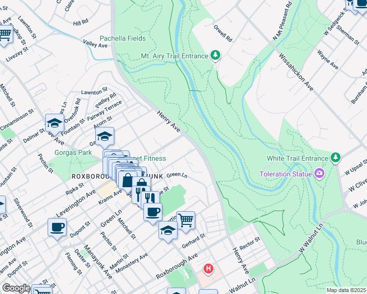 map of restaurants, bars, coffee shops, grocery stores, and more near 6100 Henry Avenue in Philadelphia