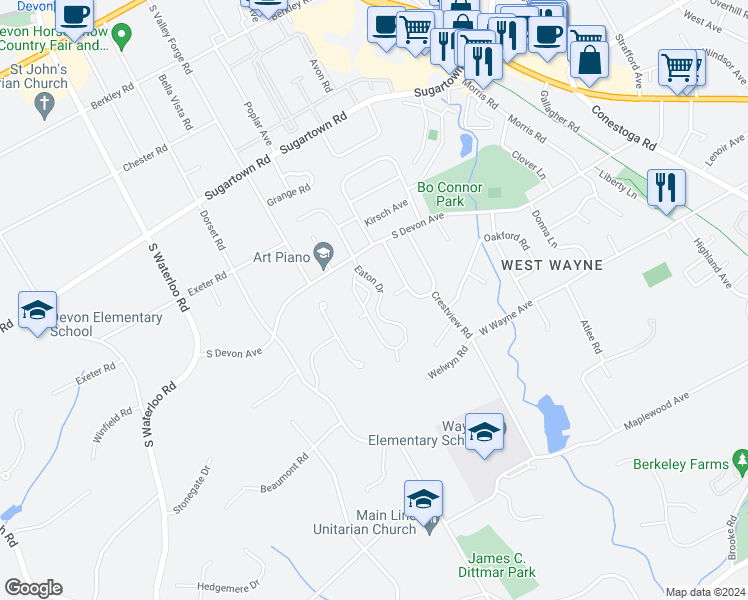 map of restaurants, bars, coffee shops, grocery stores, and more near 124 Eaton Drive in Wayne