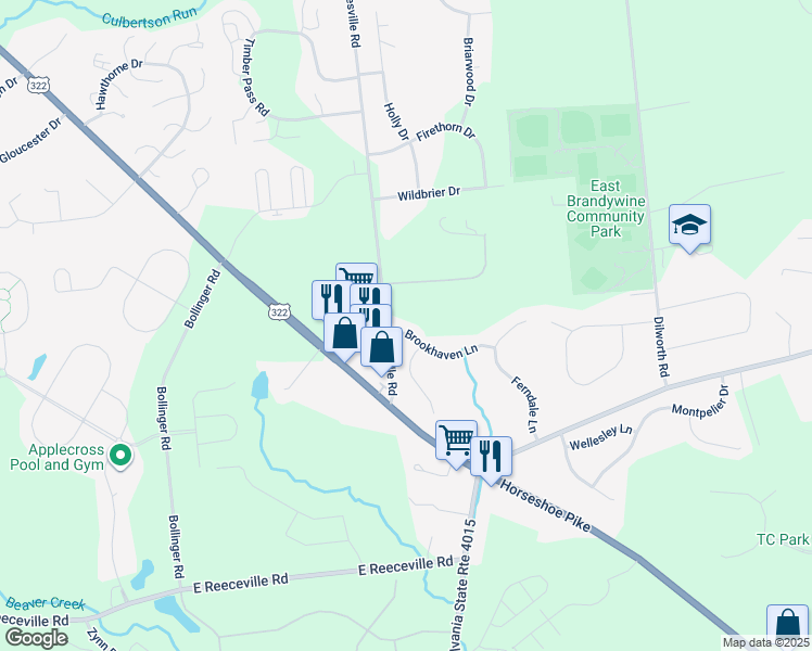 map of restaurants, bars, coffee shops, grocery stores, and more near 104 Brookhaven Lane in Downingtown