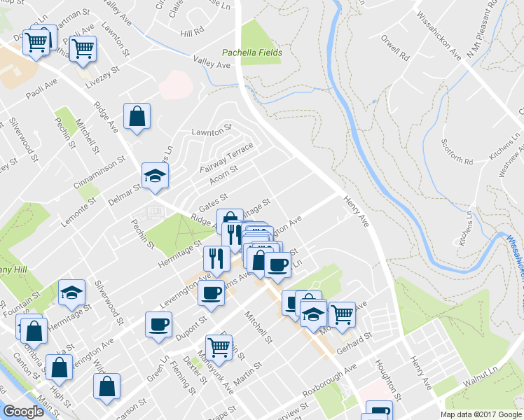 map of restaurants, bars, coffee shops, grocery stores, and more near 551 Hermitage Street in Philadelphia
