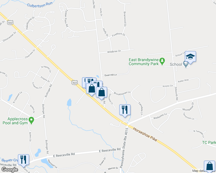 map of restaurants, bars, coffee shops, grocery stores, and more near 104 Brookhaven Lane in Downingtown
