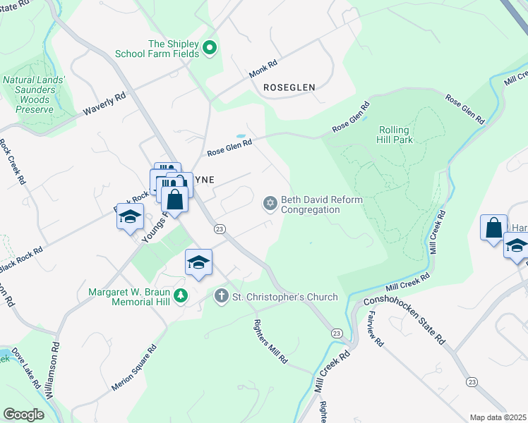 map of restaurants, bars, coffee shops, grocery stores, and more near 1130 Vaughan Lane in Gladwyne