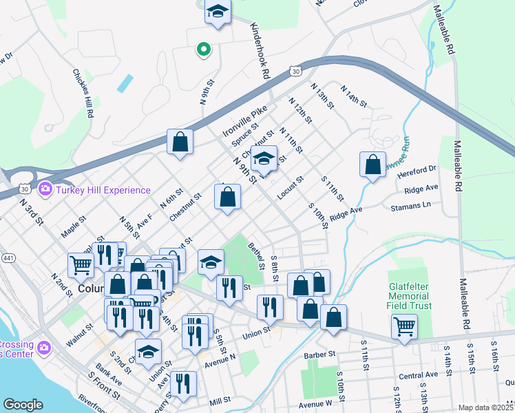 map of restaurants, bars, coffee shops, grocery stores, and more near 817 Locust Street in Columbia