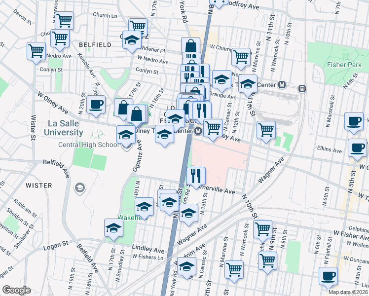 map of restaurants, bars, coffee shops, grocery stores, and more near 1400 West Olney Avenue in Philadelphia