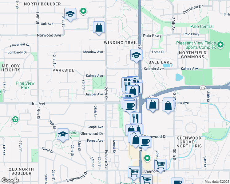 map of restaurants, bars, coffee shops, grocery stores, and more near 2619 Juniper Avenue in Boulder