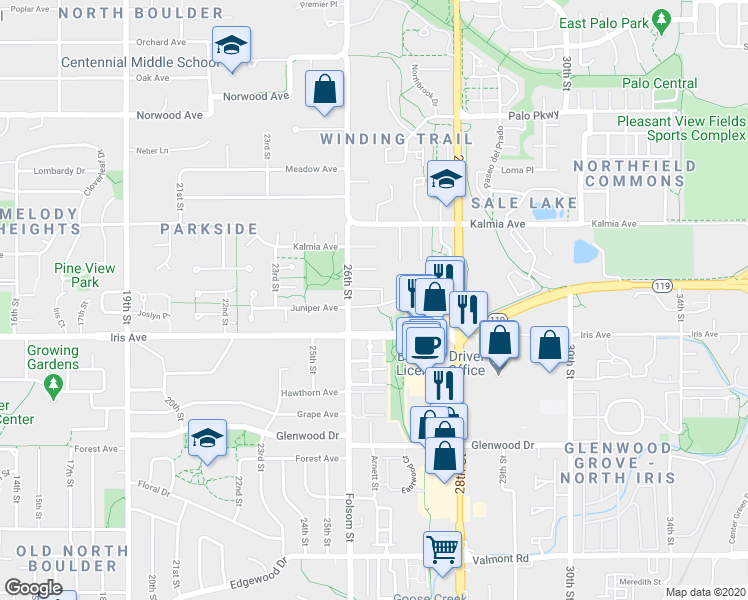 map of restaurants, bars, coffee shops, grocery stores, and more near 2619 Juniper Avenue in Boulder