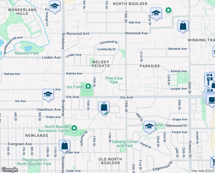 map of restaurants, bars, coffee shops, grocery stores, and more near 3487 Iris Court in Boulder