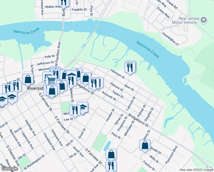 map of restaurants, bars, coffee shops, grocery stores, and more near 410 Filmore Street in Riverside