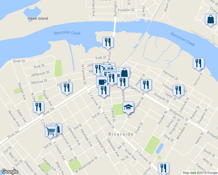 map of restaurants, bars, coffee shops, grocery stores, and more near 12 East Scott Street in Riverside