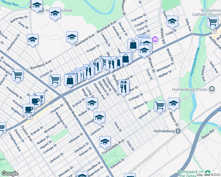 map of restaurants, bars, coffee shops, grocery stores, and more near 4225 Marple Street in Philadelphia