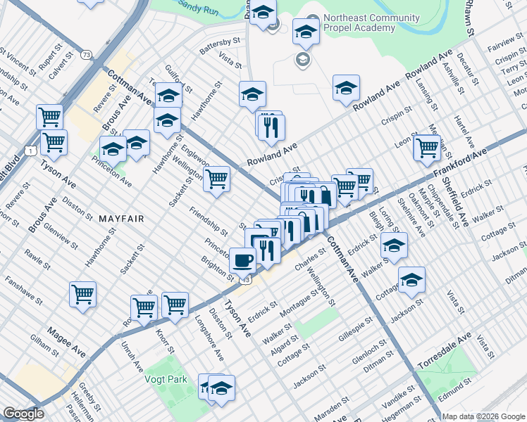map of restaurants, bars, coffee shops, grocery stores, and more near 3360 Englewood Street in Philadelphia