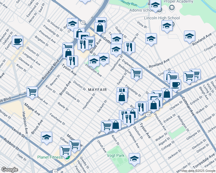 map of restaurants, bars, coffee shops, grocery stores, and more near 3127 Brighton Street in Philadelphia