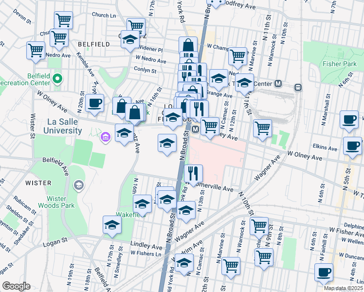 map of restaurants, bars, coffee shops, grocery stores, and more near 1400 West Olney Avenue in Philadelphia
