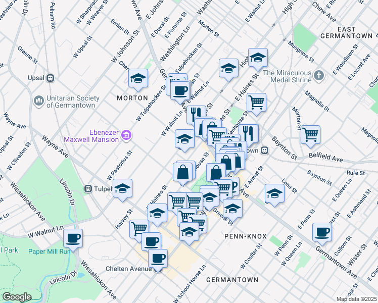 map of restaurants, bars, coffee shops, grocery stores, and more near 48 Harvey Street in Philadelphia