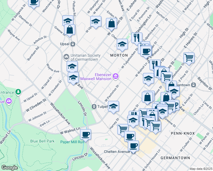 map of restaurants, bars, coffee shops, grocery stores, and more near 223 West Tulpehocken Street in Philadelphia