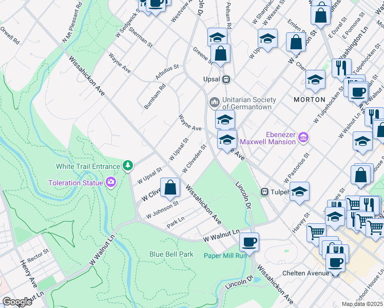 map of restaurants, bars, coffee shops, grocery stores, and more near 616 West Upsal Street in Philadelphia