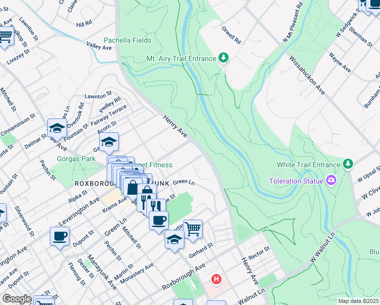 map of restaurants, bars, coffee shops, grocery stores, and more near 6100 Henry Avenue in Philadelphia