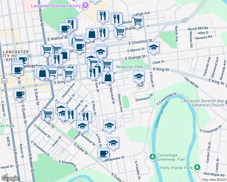 map of restaurants, bars, coffee shops, grocery stores, and more near 113 South Marshall Street in Lancaster