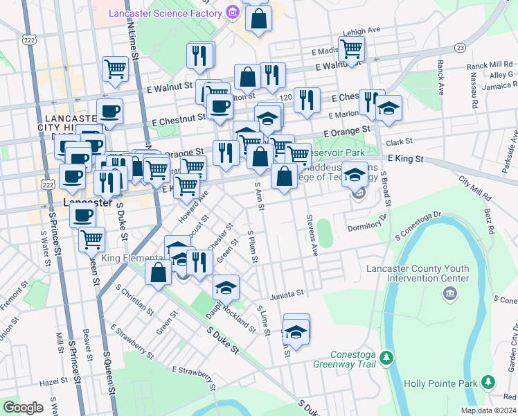 map of restaurants, bars, coffee shops, grocery stores, and more near 41 South Ann Street in Lancaster