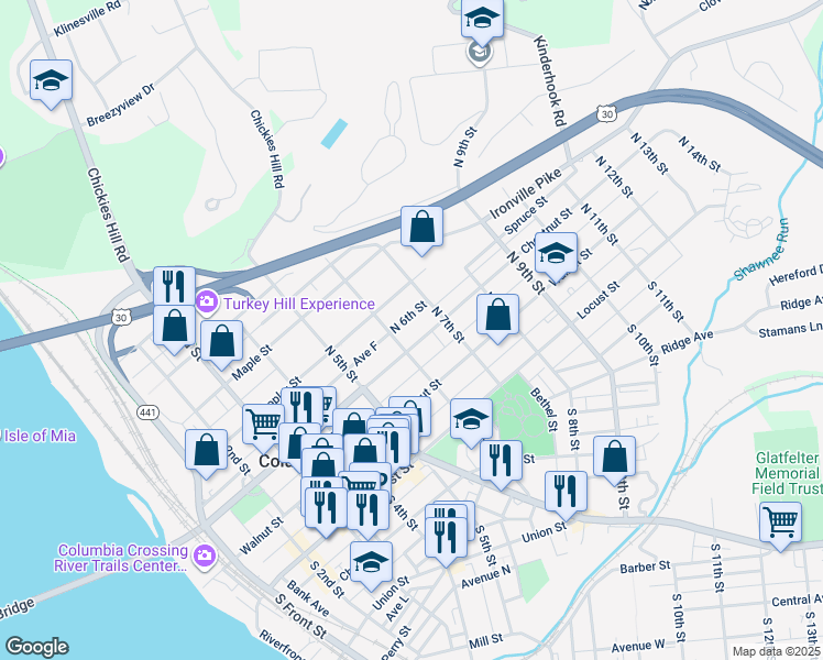 map of restaurants, bars, coffee shops, grocery stores, and more near 3 Avenue F in Columbia