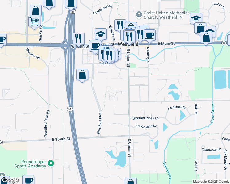 map of restaurants, bars, coffee shops, grocery stores, and more near 441 South Union Street in Westfield