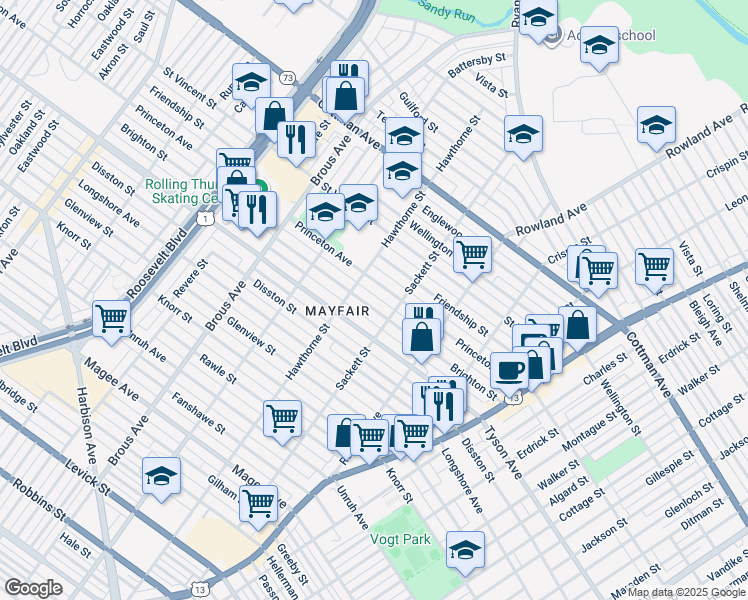 map of restaurants, bars, coffee shops, grocery stores, and more near 3127 Brighton Street in Philadelphia