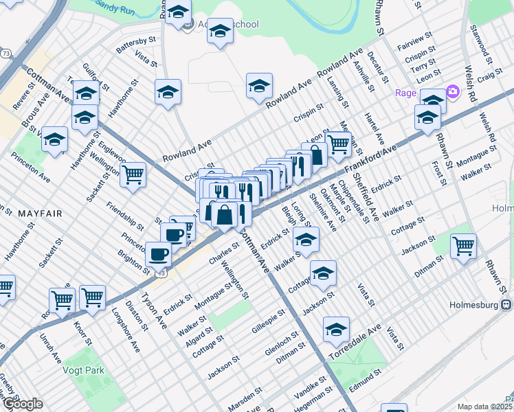 map of restaurants, bars, coffee shops, grocery stores, and more near 7338 Frankford Avenue in Philadelphia