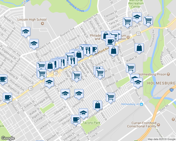 map of restaurants, bars, coffee shops, grocery stores, and more near 4225 Marple Street in Philadelphia