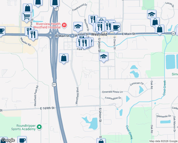 map of restaurants, bars, coffee shops, grocery stores, and more near 441 South Union Street in Westfield