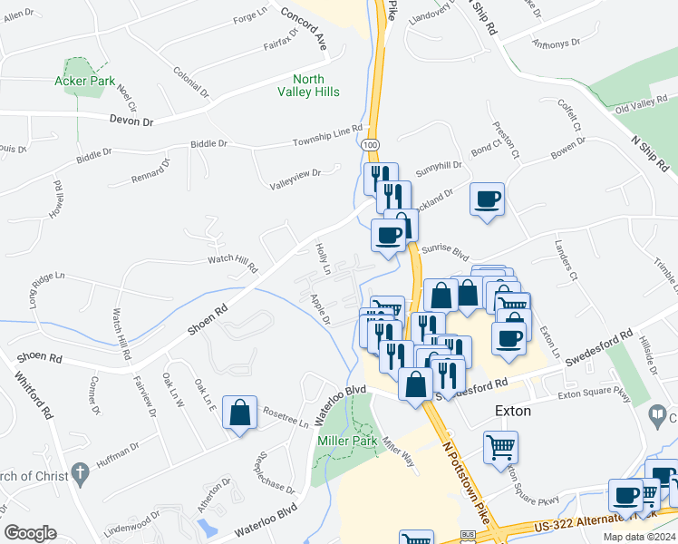 map of restaurants, bars, coffee shops, grocery stores, and more near 144 Apple Drive in Exton