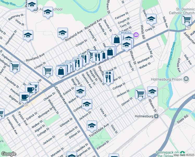 map of restaurants, bars, coffee shops, grocery stores, and more near 4220 Chippendale Street in Philadelphia