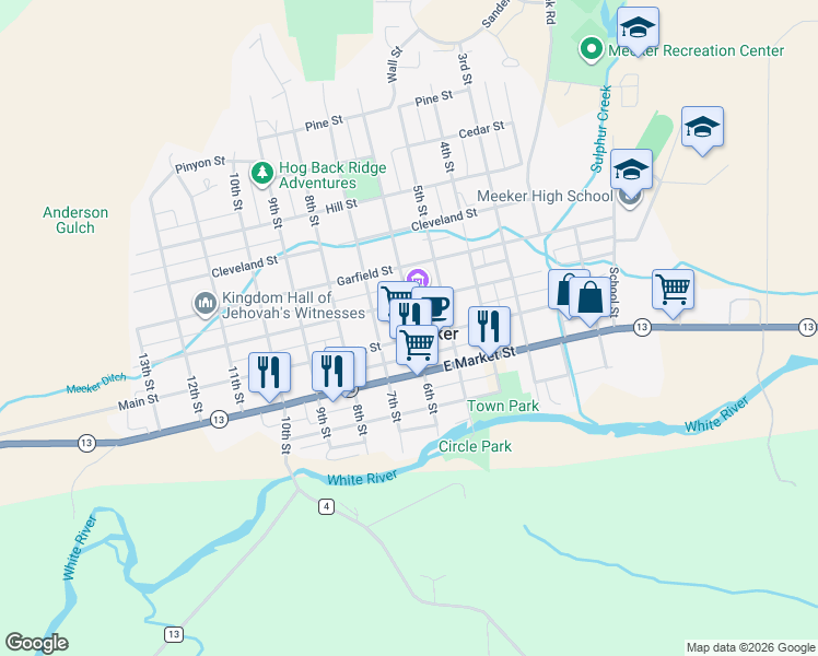 map of restaurants, bars, coffee shops, grocery stores, and more near 335 6th Street in Meeker