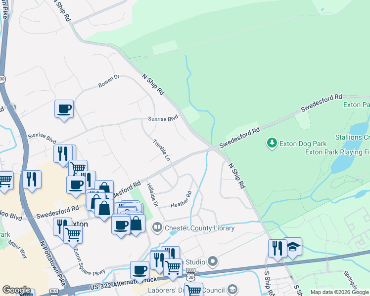 map of restaurants, bars, coffee shops, grocery stores, and more near 301 Horizon Court in Exton