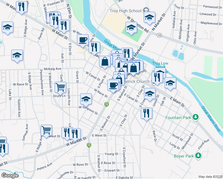 map of restaurants, bars, coffee shops, grocery stores, and more near 14 West Canal Street in Troy