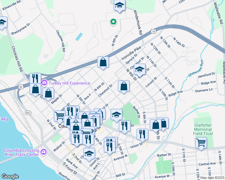 map of restaurants, bars, coffee shops, grocery stores, and more near 133 North 7th Street in Columbia