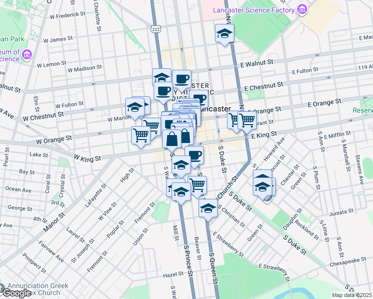 map of restaurants, bars, coffee shops, grocery stores, and more near 16 West King Street in Lancaster