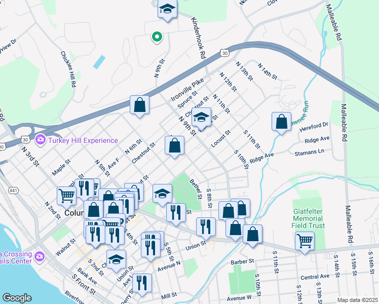 map of restaurants, bars, coffee shops, grocery stores, and more near 27 North 8th Street in Columbia