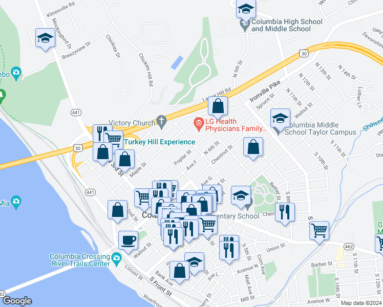 map of restaurants, bars, coffee shops, grocery stores, and more near 564 Poplar Street in Columbia
