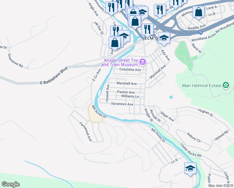map of restaurants, bars, coffee shops, grocery stores, and more near 156 Paxton Ave in Wheeling