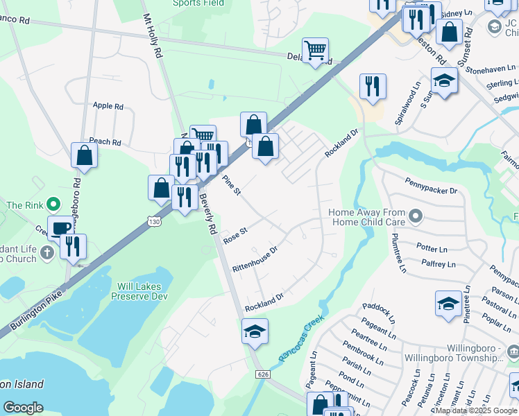 map of restaurants, bars, coffee shops, grocery stores, and more near 38 Pine Street in Willingboro