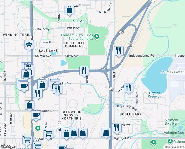 map of restaurants, bars, coffee shops, grocery stores, and more near 3500-3554 Diagonal Hwy in Boulder