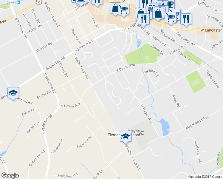 map of restaurants, bars, coffee shops, grocery stores, and more near 122 Eaton Drive in Wayne