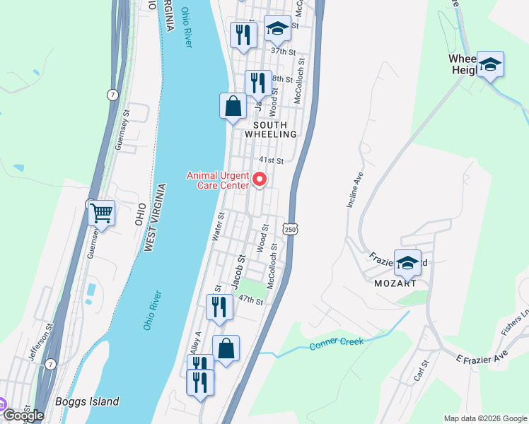 map of restaurants, bars, coffee shops, grocery stores, and more near 4242 Wood Street in Wheeling