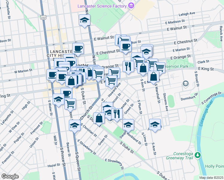 map of restaurants, bars, coffee shops, grocery stores, and more near 72 Howard Avenue in Lancaster