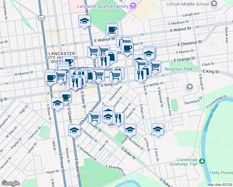 map of restaurants, bars, coffee shops, grocery stores, and more near 54 Howard Avenue in Lancaster