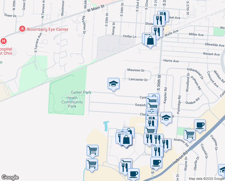 map of restaurants, bars, coffee shops, grocery stores, and more near 152 Cynthia Street in Heath