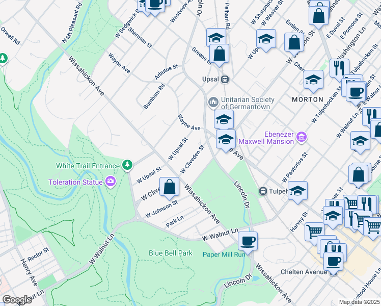 map of restaurants, bars, coffee shops, grocery stores, and more near 611 West Cliveden Street in Philadelphia