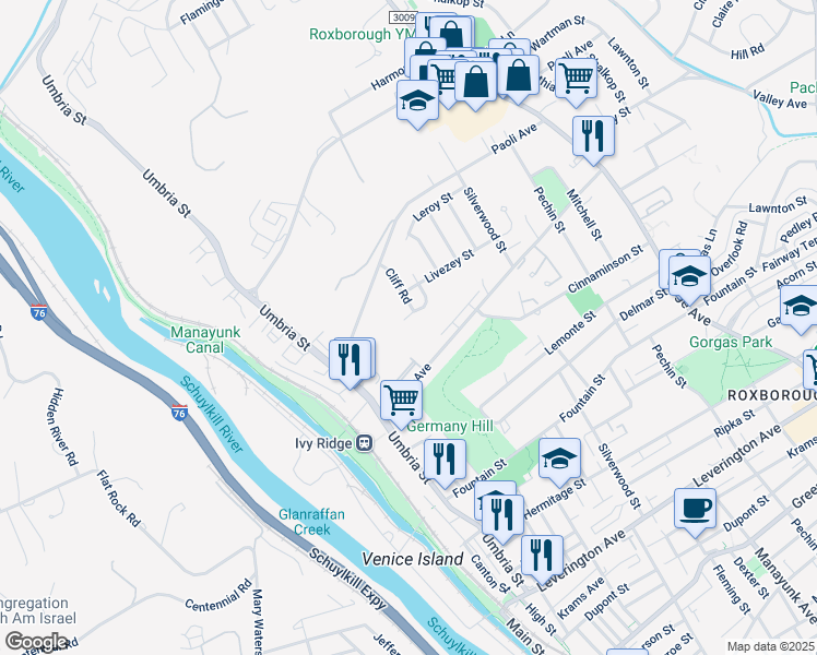 map of restaurants, bars, coffee shops, grocery stores, and more near 6965 Cliff Road in Philadelphia