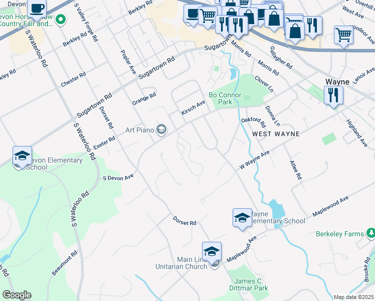 map of restaurants, bars, coffee shops, grocery stores, and more near 122 Eaton Drive in Wayne