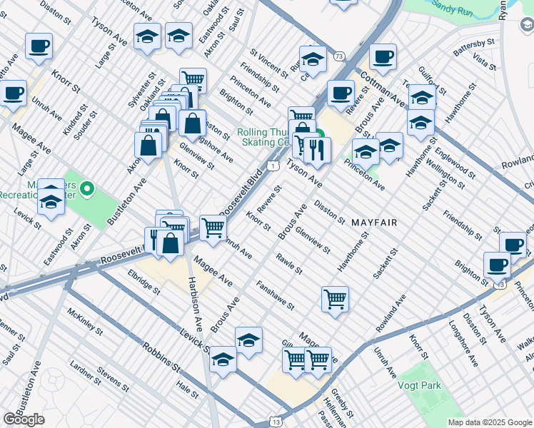 map of restaurants, bars, coffee shops, grocery stores, and more near 2810 Glenview Street in Philadelphia